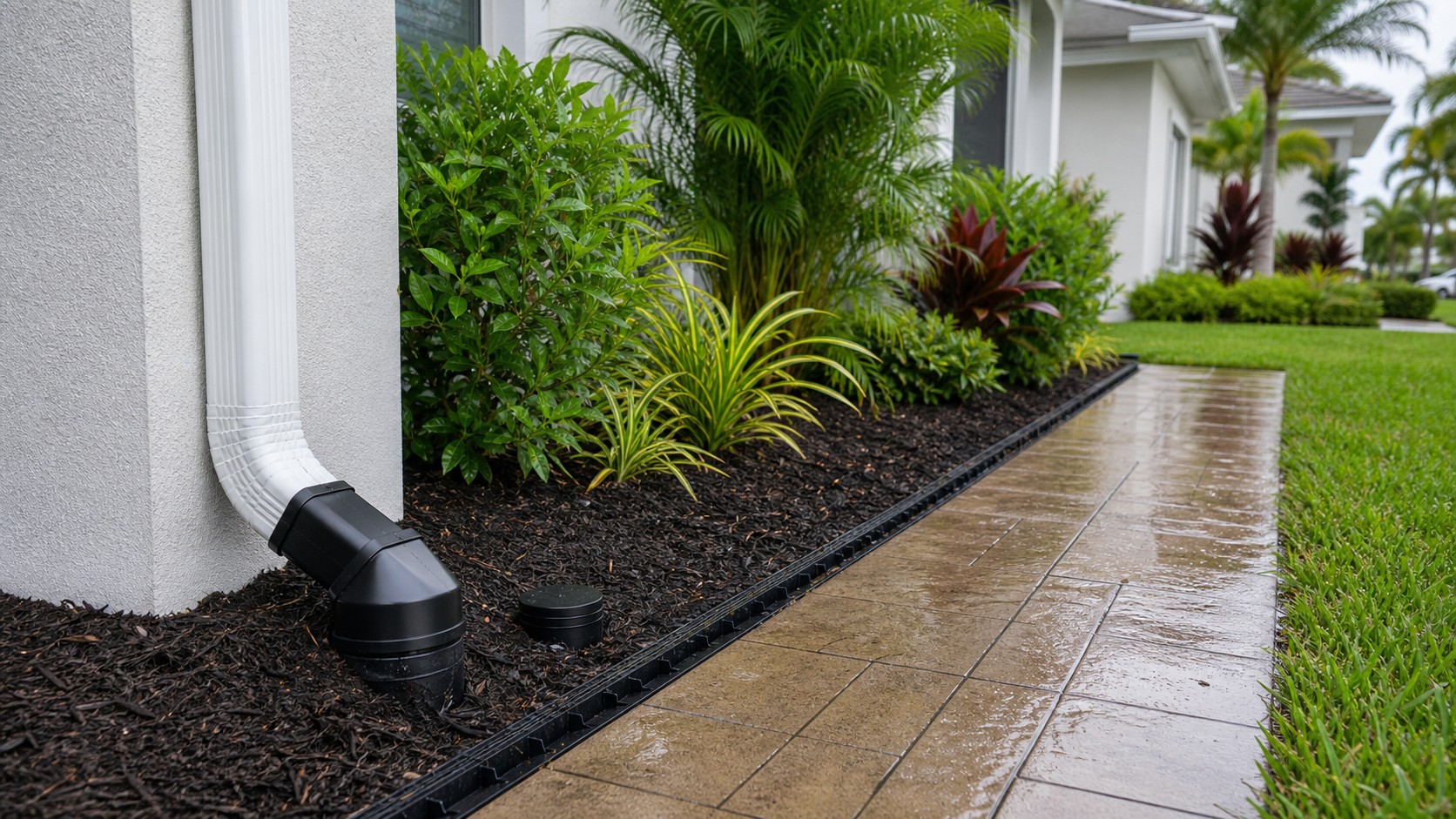 Downspout connected to a buried drainage route beside wet pavers and landscaping