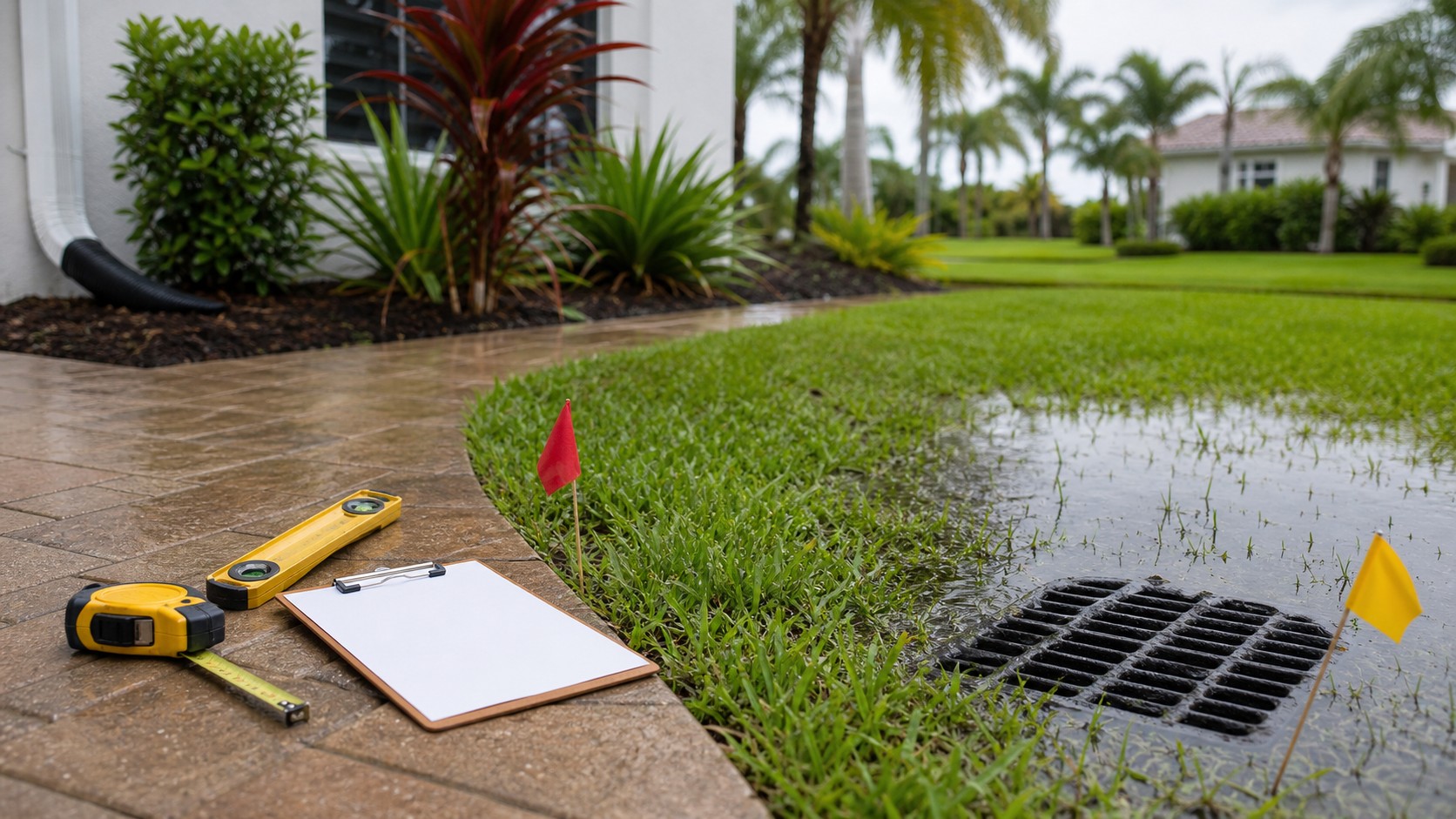 Drainage evaluation tools beside standing water and a drain inlet