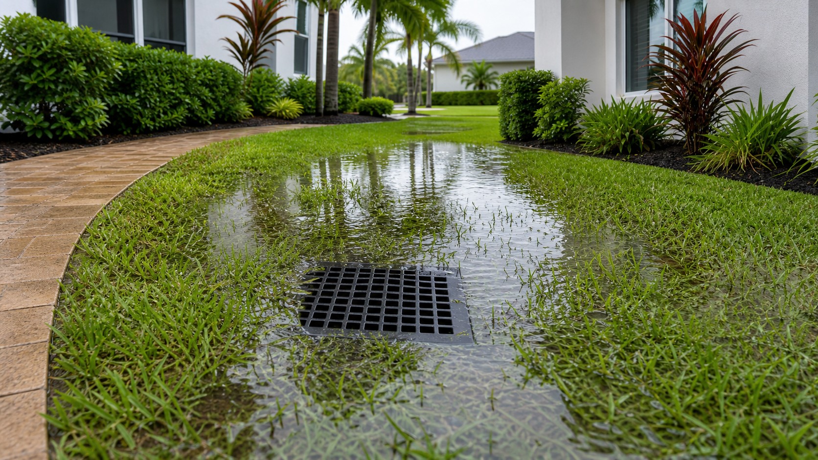 Standing water moving toward a yard catch basin after rain at a Cape Coral home