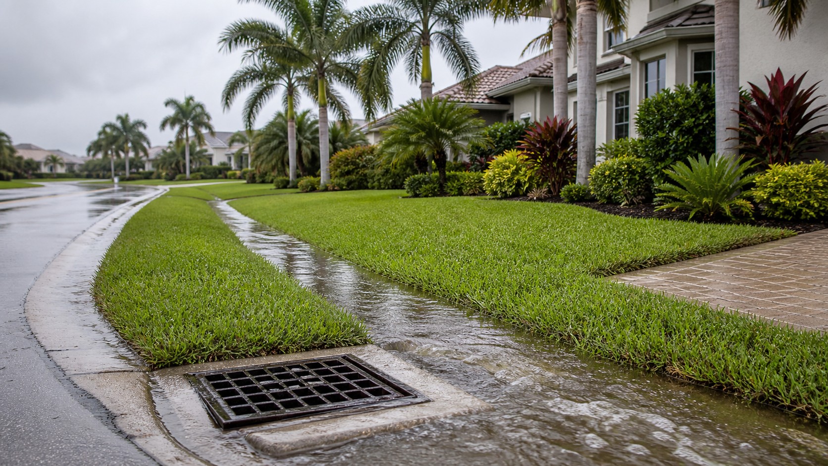 Cape Coral swale and stormwater inlet moving water along a residential street